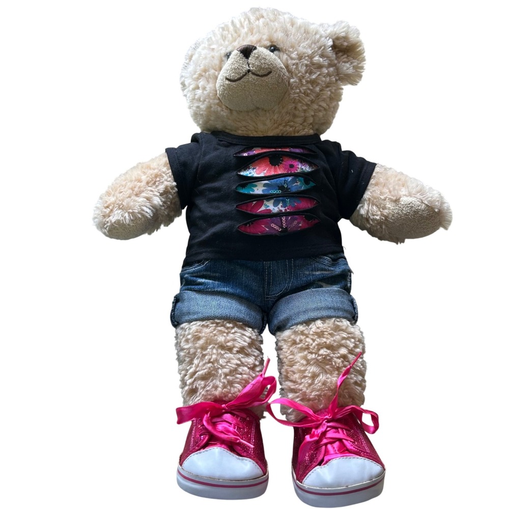 Build-A-Bear Plush Teddy Bear Justice Outfit Pink Glitter Shoes Denim Shorts 16"
